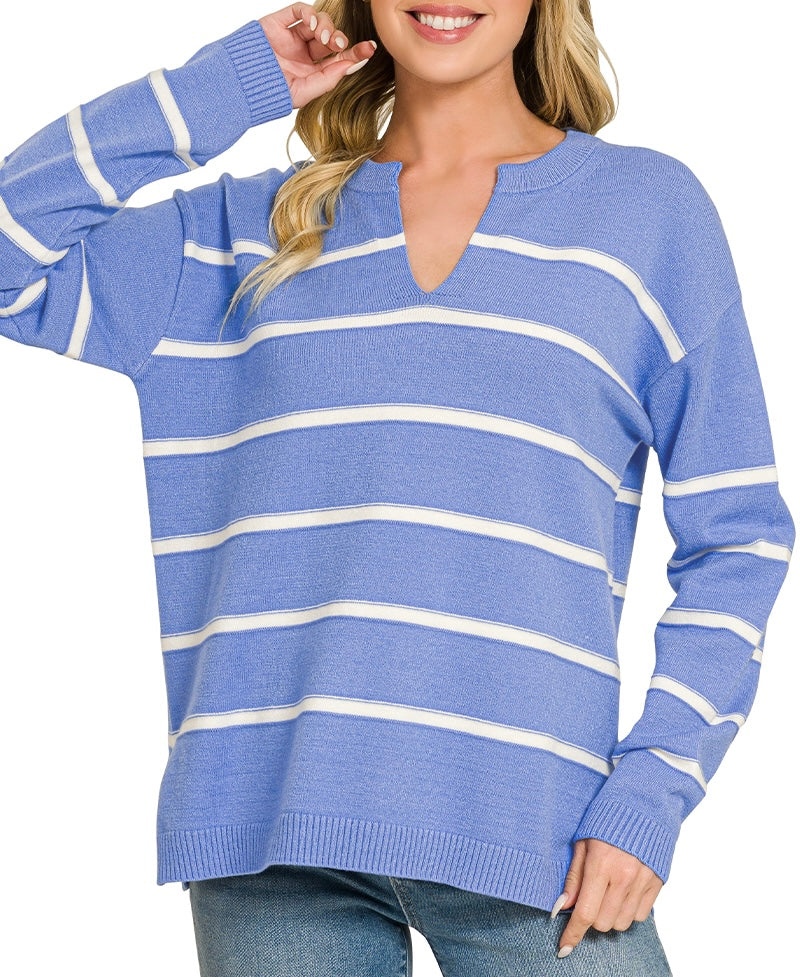 Blue Split Neck Sweater