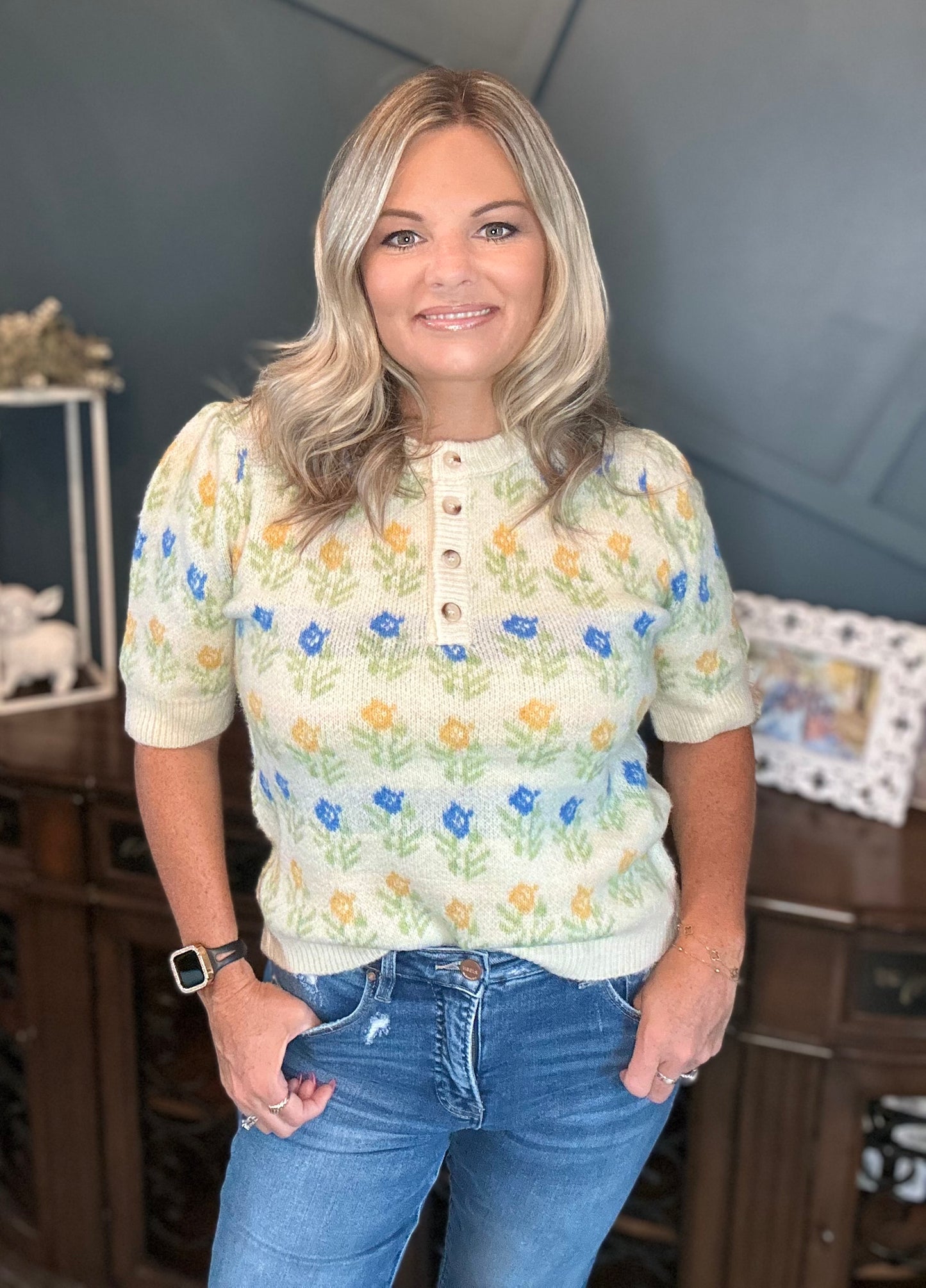 Floral Short Sleeve Sweater