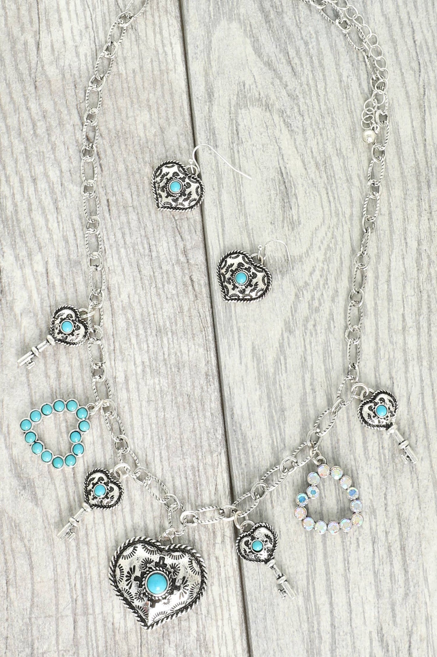 Western Theme Jeweled Heart Charm Necklace Set