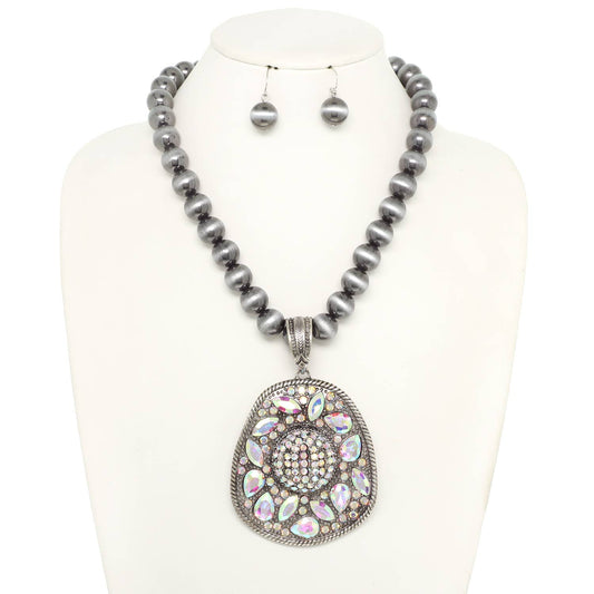 Western Crystal Cowboy Hat Necklace Set : Silver