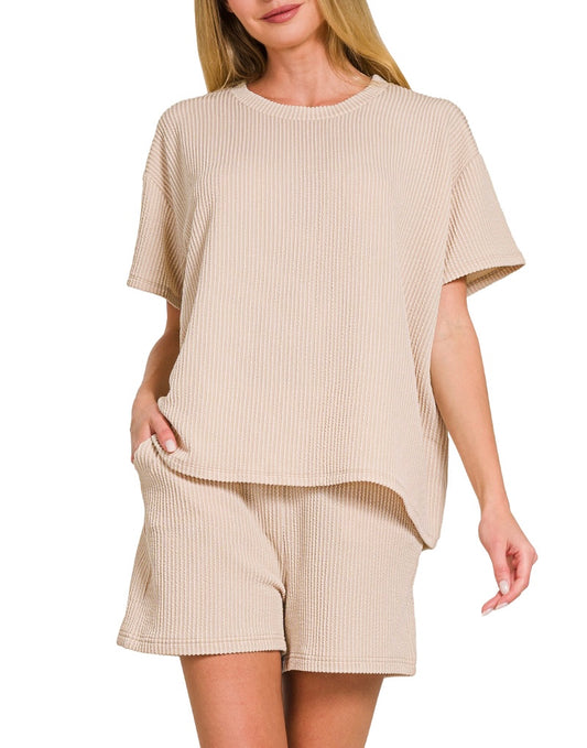 Tan 2 Piece Ribbed Short Set