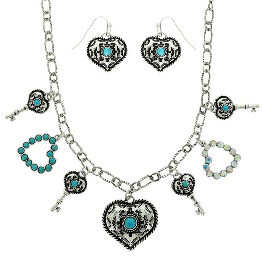 Western Theme Jeweled Heart Charm Necklace Set