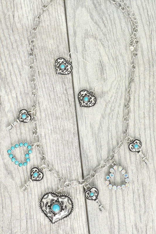 Western Theme Jeweled Heart Charm Necklace Set