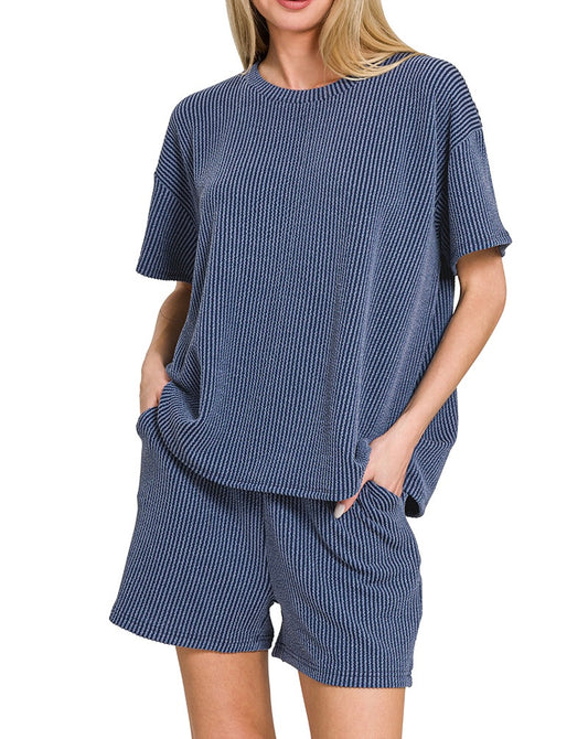 Navy 2 Piece Ribbed Short Set