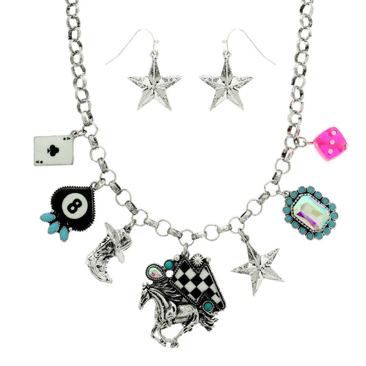 Western Theme Jeweled Multi Charm Necklace Set