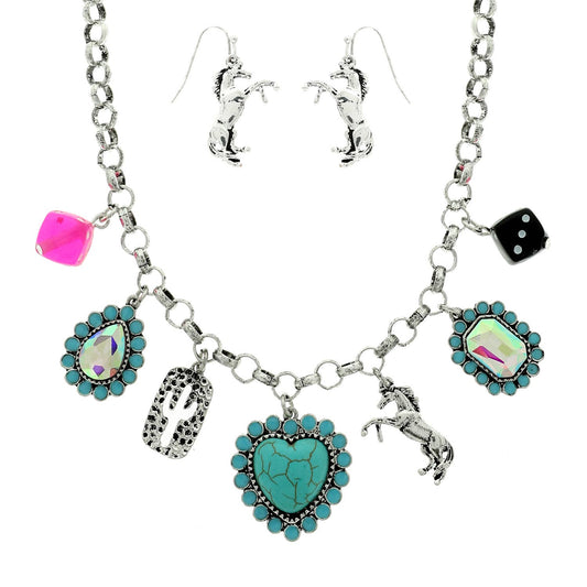 Western Theme Jeweled Multi Charm Necklace Set
